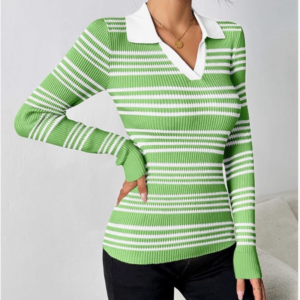 Green and White Striped Sweater
